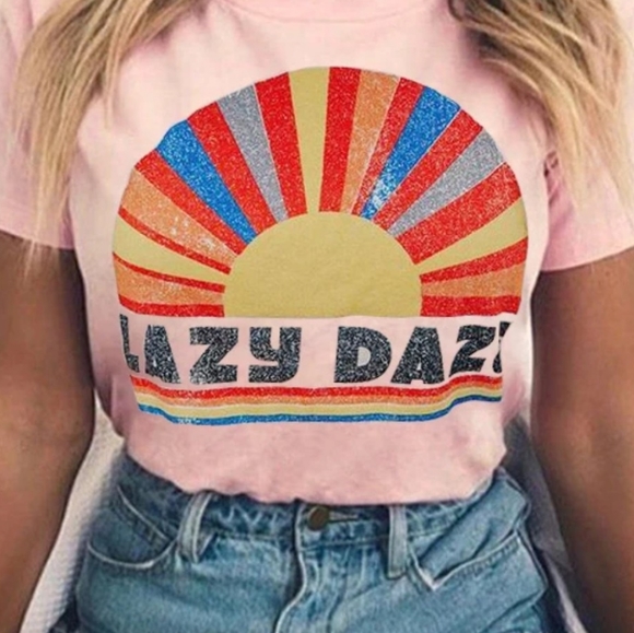 New Lazy Daze Rainbow Starburst Graphic T-Shirt - Picture 3 of 5